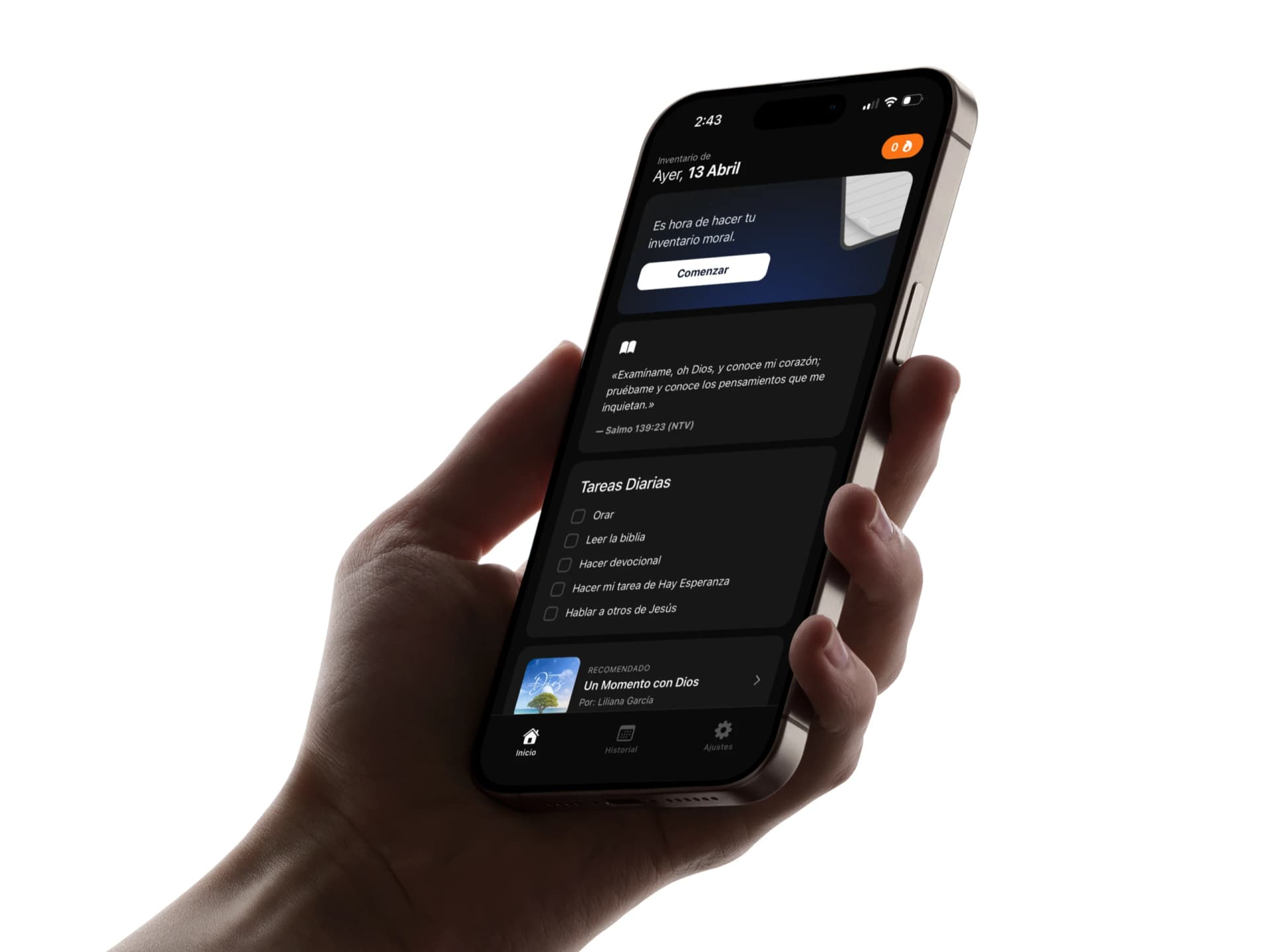 La app Inventario Moral Diario en mano, con tareas diarias, versículo y devocional.